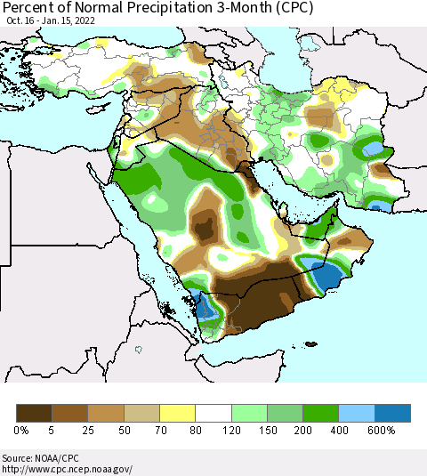 Middle East and Turkey Percent of Normal Precipitation 3-Month (CPC) Thematic Map For 10/16/2021 - 1/15/2022