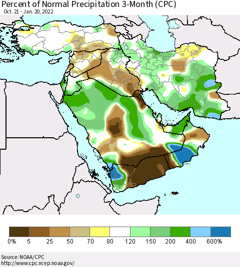 Middle East and Turkey Percent of Normal Precipitation 3-Month (CPC) Thematic Map For 10/21/2021 - 1/20/2022