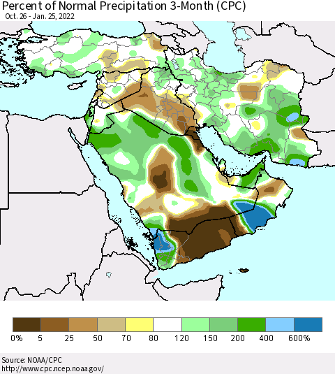 Middle East and Turkey Percent of Normal Precipitation 3-Month (CPC) Thematic Map For 10/26/2021 - 1/25/2022