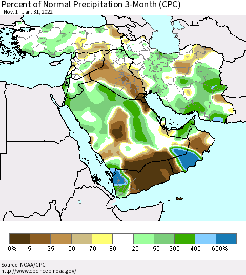 Middle East and Turkey Percent of Normal Precipitation 3-Month (CPC) Thematic Map For 11/1/2021 - 1/31/2022