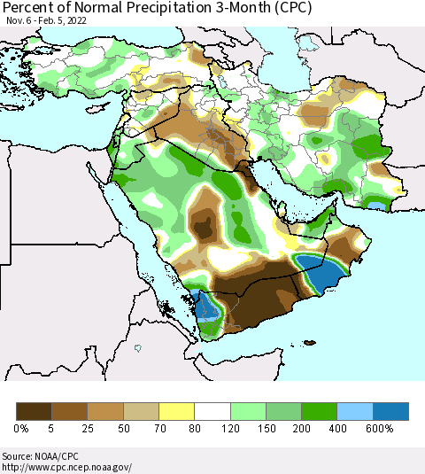 Middle East and Turkey Percent of Normal Precipitation 3-Month (CPC) Thematic Map For 11/6/2021 - 2/5/2022