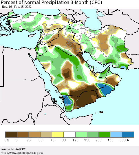 Middle East and Turkey Percent of Normal Precipitation 3-Month (CPC) Thematic Map For 11/16/2021 - 2/15/2022