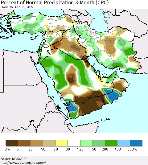Middle East and Turkey Percent of Normal Precipitation 3-Month (CPC) Thematic Map For 11/26/2021 - 2/25/2022