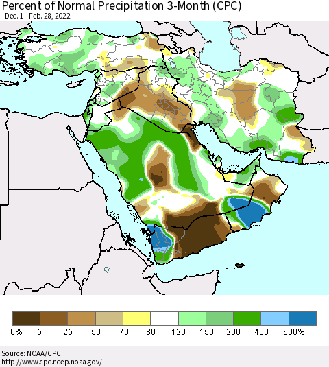 Middle East and Turkey Percent of Normal Precipitation 3-Month (CPC) Thematic Map For 12/1/2021 - 2/28/2022