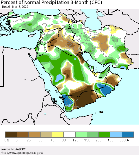 Middle East and Turkey Percent of Normal Precipitation 3-Month (CPC) Thematic Map For 12/6/2021 - 3/5/2022