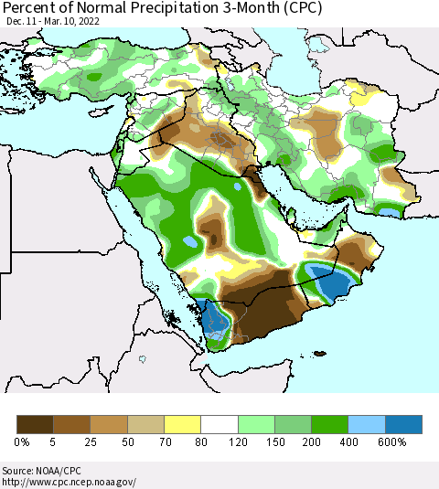 Middle East and Turkey Percent of Normal Precipitation 3-Month (CPC) Thematic Map For 12/11/2021 - 3/10/2022