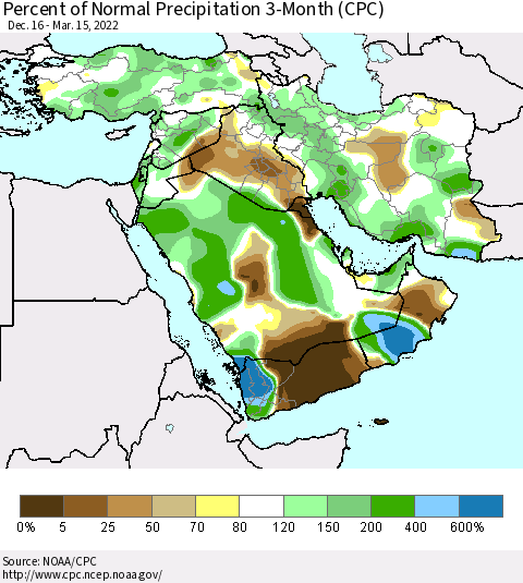 Middle East and Turkey Percent of Normal Precipitation 3-Month (CPC) Thematic Map For 12/16/2021 - 3/15/2022