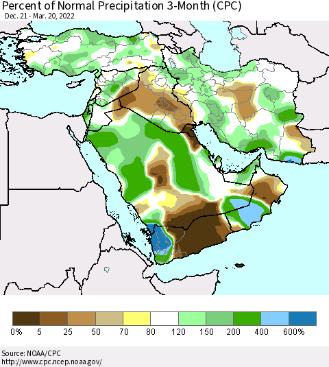 Middle East and Turkey Percent of Normal Precipitation 3-Month (CPC) Thematic Map For 12/21/2021 - 3/20/2022