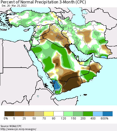 Middle East and Turkey Percent of Normal Precipitation 3-Month (CPC) Thematic Map For 12/26/2021 - 3/25/2022