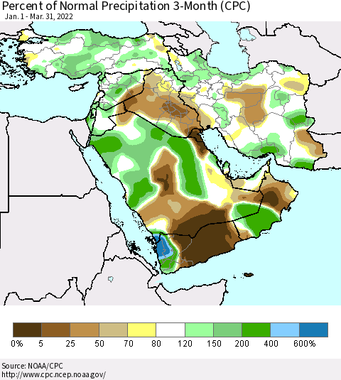 Middle East and Turkey Percent of Normal Precipitation 3-Month (CPC) Thematic Map For 1/1/2022 - 3/31/2022