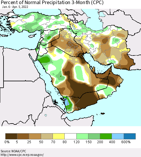 Middle East and Turkey Percent of Normal Precipitation 3-Month (CPC) Thematic Map For 1/6/2022 - 4/5/2022