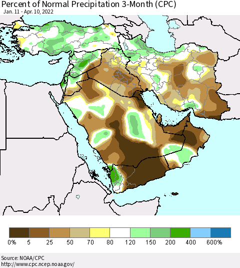 Middle East and Turkey Percent of Normal Precipitation 3-Month (CPC) Thematic Map For 1/11/2022 - 4/10/2022