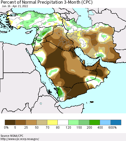 Middle East and Turkey Percent of Normal Precipitation 3-Month (CPC) Thematic Map For 1/16/2022 - 4/15/2022