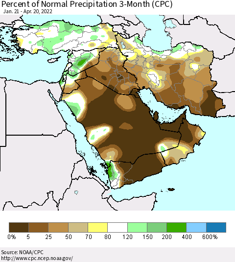 Middle East and Turkey Percent of Normal Precipitation 3-Month (CPC) Thematic Map For 1/21/2022 - 4/20/2022