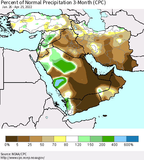 Middle East and Turkey Percent of Normal Precipitation 3-Month (CPC) Thematic Map For 1/26/2022 - 4/25/2022
