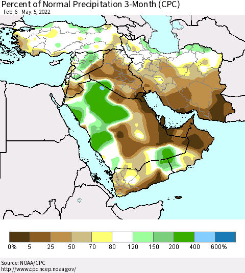 Middle East and Turkey Percent of Normal Precipitation 3-Month (CPC) Thematic Map For 2/6/2022 - 5/5/2022