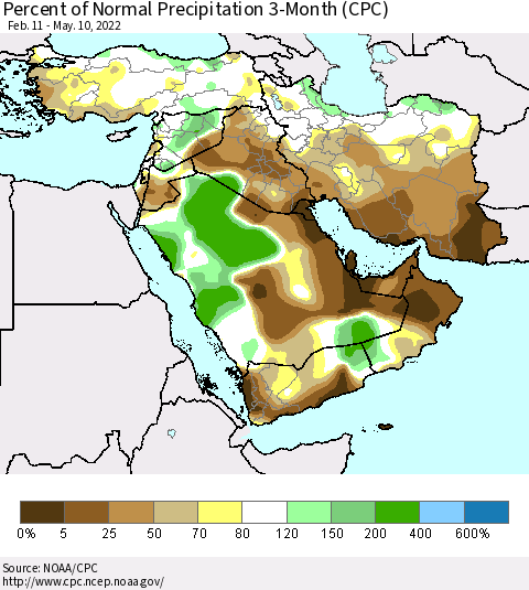 Middle East and Turkey Percent of Normal Precipitation 3-Month (CPC) Thematic Map For 2/11/2022 - 5/10/2022