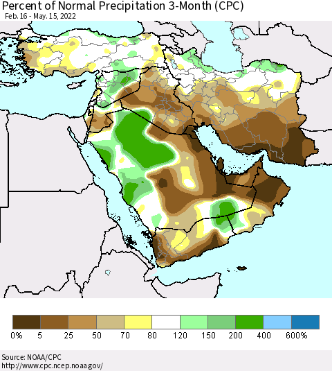 Middle East and Turkey Percent of Normal Precipitation 3-Month (CPC) Thematic Map For 2/16/2022 - 5/15/2022