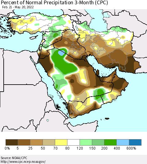 Middle East and Turkey Percent of Normal Precipitation 3-Month (CPC) Thematic Map For 2/21/2022 - 5/20/2022