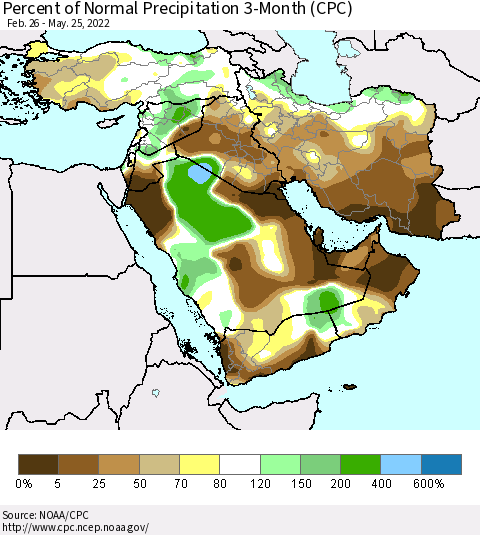 Middle East and Turkey Percent of Normal Precipitation 3-Month (CPC) Thematic Map For 2/26/2022 - 5/25/2022