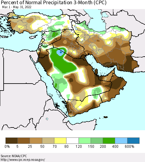 Middle East and Turkey Percent of Normal Precipitation 3-Month (CPC) Thematic Map For 3/1/2022 - 5/31/2022