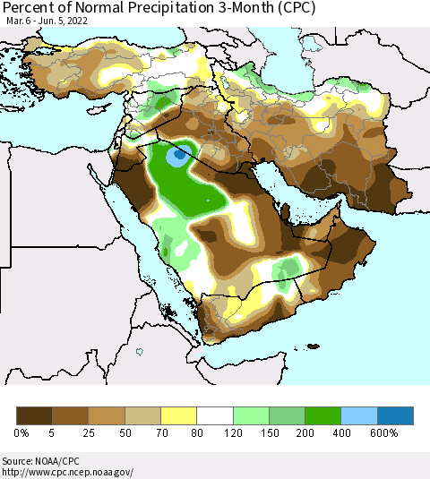 Middle East and Turkey Percent of Normal Precipitation 3-Month (CPC) Thematic Map For 3/6/2022 - 6/5/2022