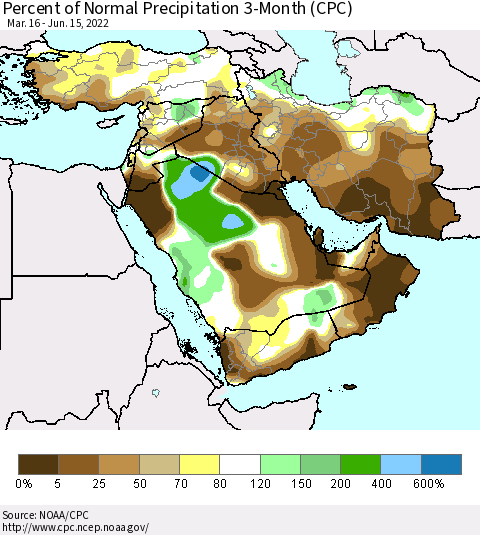 Middle East and Turkey Percent of Normal Precipitation 3-Month (CPC) Thematic Map For 3/16/2022 - 6/15/2022