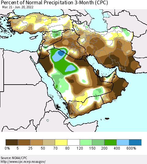 Middle East and Turkey Percent of Normal Precipitation 3-Month (CPC) Thematic Map For 3/21/2022 - 6/20/2022