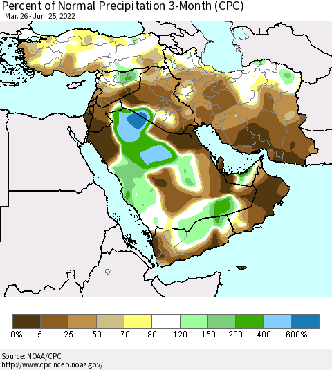 Middle East and Turkey Percent of Normal Precipitation 3-Month (CPC) Thematic Map For 3/26/2022 - 6/25/2022