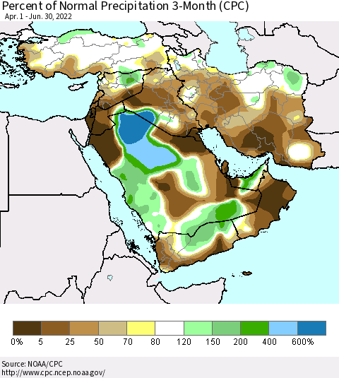 Middle East and Turkey Percent of Normal Precipitation 3-Month (CPC) Thematic Map For 4/1/2022 - 6/30/2022