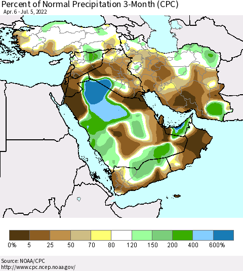 Middle East and Turkey Percent of Normal Precipitation 3-Month (CPC) Thematic Map For 4/6/2022 - 7/5/2022