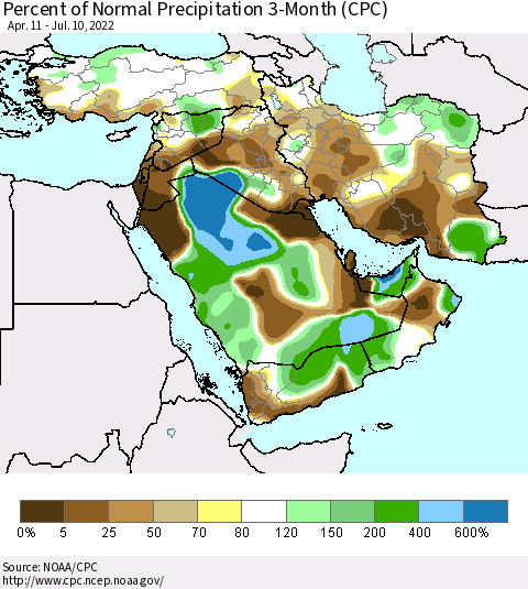 Middle East and Turkey Percent of Normal Precipitation 3-Month (CPC) Thematic Map For 4/11/2022 - 7/10/2022