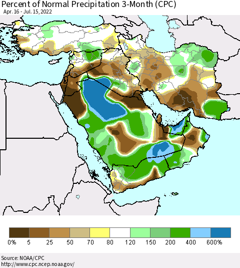 Middle East and Turkey Percent of Normal Precipitation 3-Month (CPC) Thematic Map For 4/16/2022 - 7/15/2022