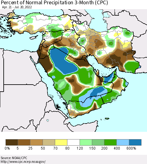Middle East and Turkey Percent of Normal Precipitation 3-Month (CPC) Thematic Map For 4/21/2022 - 7/20/2022