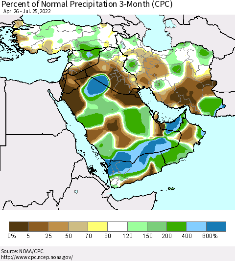 Middle East and Turkey Percent of Normal Precipitation 3-Month (CPC) Thematic Map For 4/26/2022 - 7/25/2022