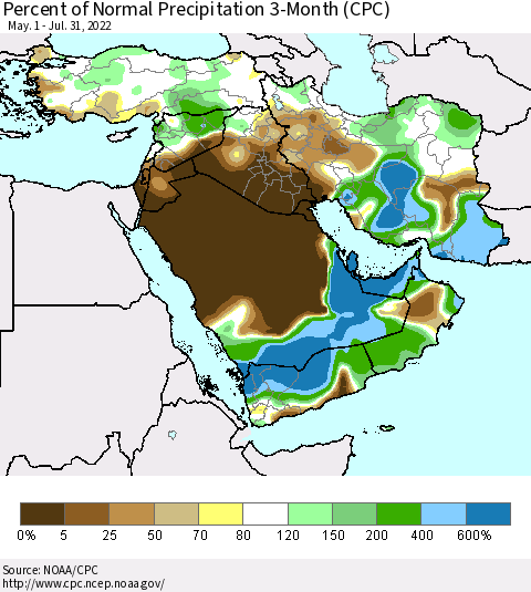 Middle East and Turkey Percent of Normal Precipitation 3-Month (CPC) Thematic Map For 5/1/2022 - 7/31/2022