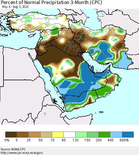 Middle East and Turkey Percent of Normal Precipitation 3-Month (CPC) Thematic Map For 5/6/2022 - 8/5/2022