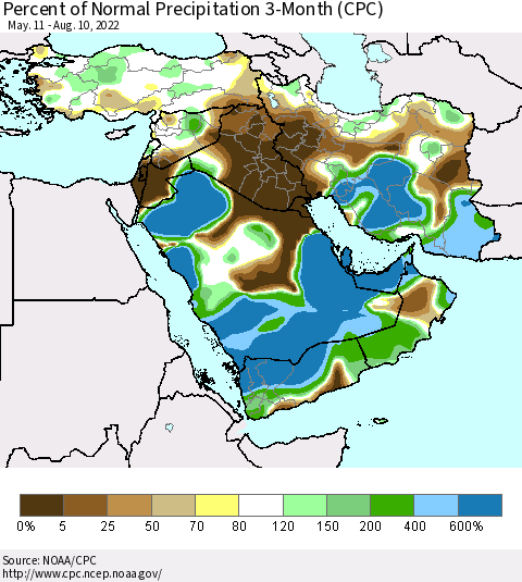 Middle East and Turkey Percent of Normal Precipitation 3-Month (CPC) Thematic Map For 5/11/2022 - 8/10/2022