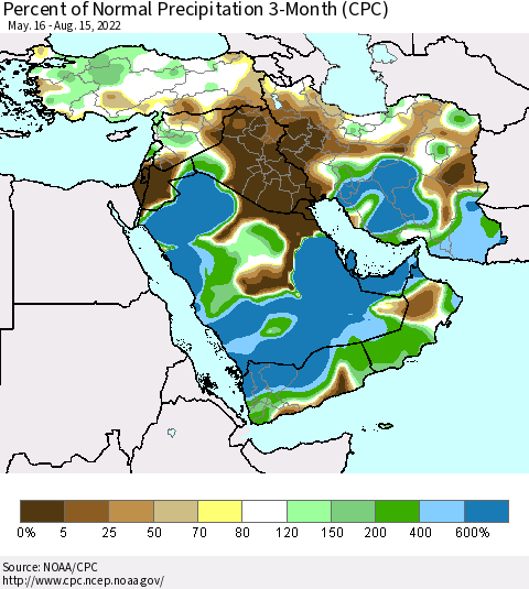 Middle East and Turkey Percent of Normal Precipitation 3-Month (CPC) Thematic Map For 5/16/2022 - 8/15/2022