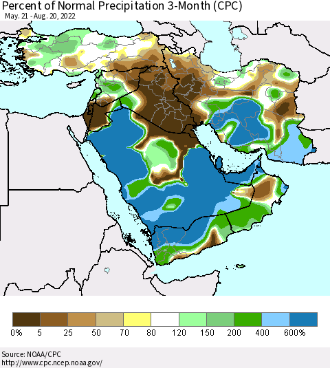 Middle East and Turkey Percent of Normal Precipitation 3-Month (CPC) Thematic Map For 5/21/2022 - 8/20/2022