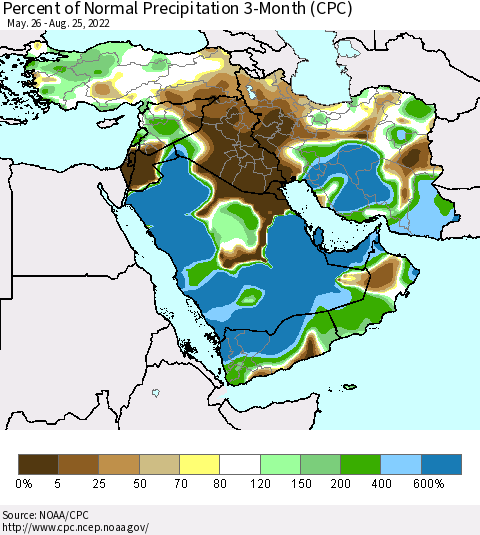 Middle East and Turkey Percent of Normal Precipitation 3-Month (CPC) Thematic Map For 5/26/2022 - 8/25/2022