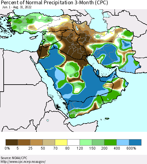 Middle East and Turkey Percent of Normal Precipitation 3-Month (CPC) Thematic Map For 6/1/2022 - 8/31/2022