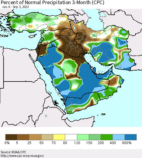 Middle East and Turkey Percent of Normal Precipitation 3-Month (CPC) Thematic Map For 6/6/2022 - 9/5/2022