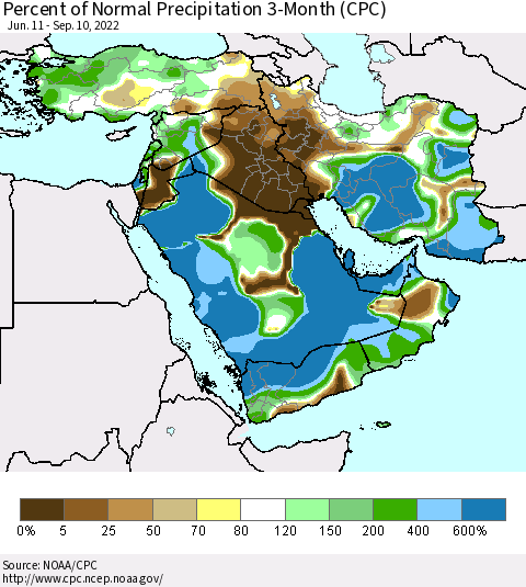 Middle East and Turkey Percent of Normal Precipitation 3-Month (CPC) Thematic Map For 6/11/2022 - 9/10/2022