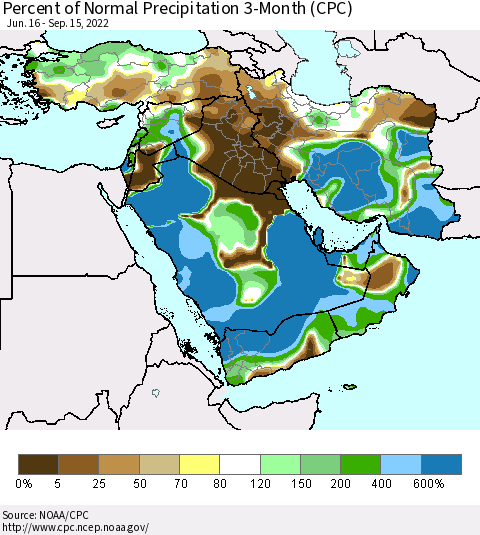 Middle East and Turkey Percent of Normal Precipitation 3-Month (CPC) Thematic Map For 6/16/2022 - 9/15/2022