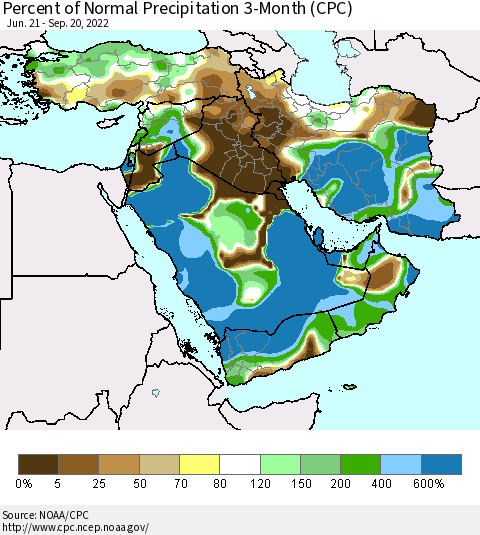 Middle East and Turkey Percent of Normal Precipitation 3-Month (CPC) Thematic Map For 6/21/2022 - 9/20/2022