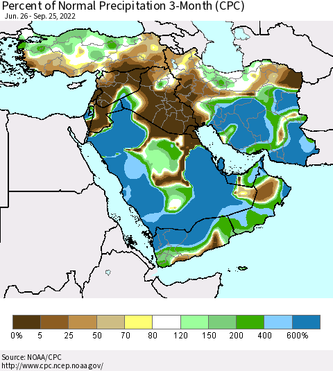 Middle East and Turkey Percent of Normal Precipitation 3-Month (CPC) Thematic Map For 6/26/2022 - 9/25/2022