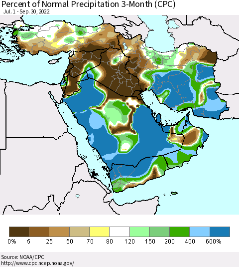 Middle East and Turkey Percent of Normal Precipitation 3-Month (CPC) Thematic Map For 7/1/2022 - 9/30/2022