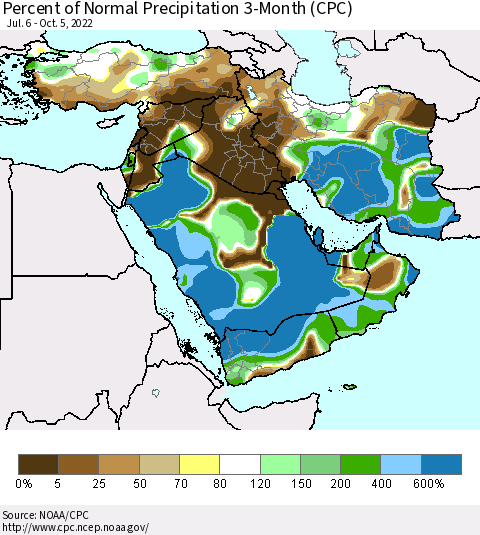 Middle East and Turkey Percent of Normal Precipitation 3-Month (CPC) Thematic Map For 7/6/2022 - 10/5/2022