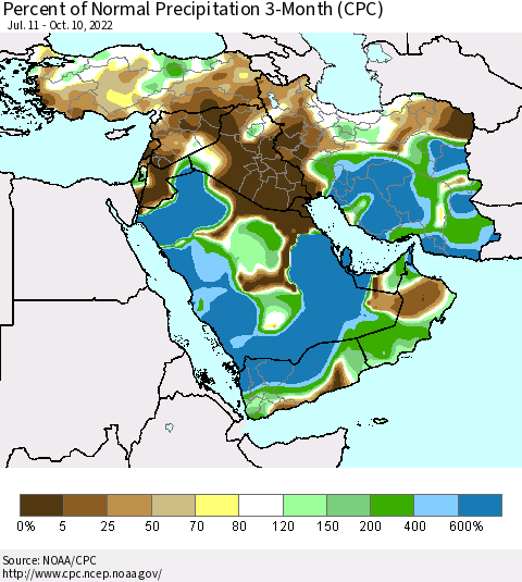 Middle East and Turkey Percent of Normal Precipitation 3-Month (CPC) Thematic Map For 7/11/2022 - 10/10/2022